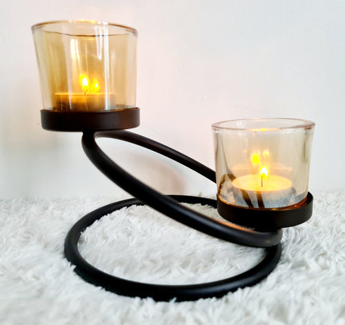 Two Step Black & Glass Geo Tealight Candle Holder Centrepiece - Velvet Rose Home